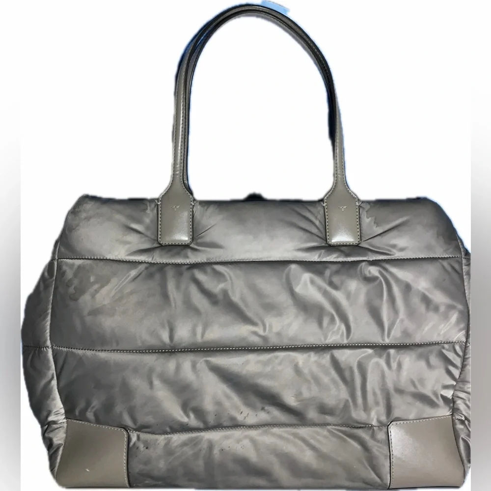 Tory Burch Nylon Ella Puffer Tote Handbag Taupe Gray - Picture 15 of 16